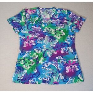 GT Performance Scrub Top Butterflies Womens Size S Ligtweight‎ With Pockets